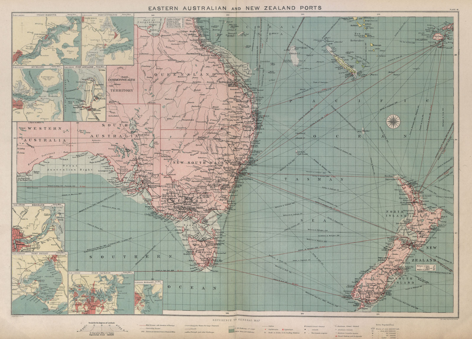 Eastern Australia/New Zealand ports chart lighthouses mail route LARGE 1916 map